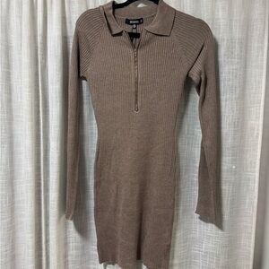 Missguided+ Taupe Ribbed Long Sleeve Dress